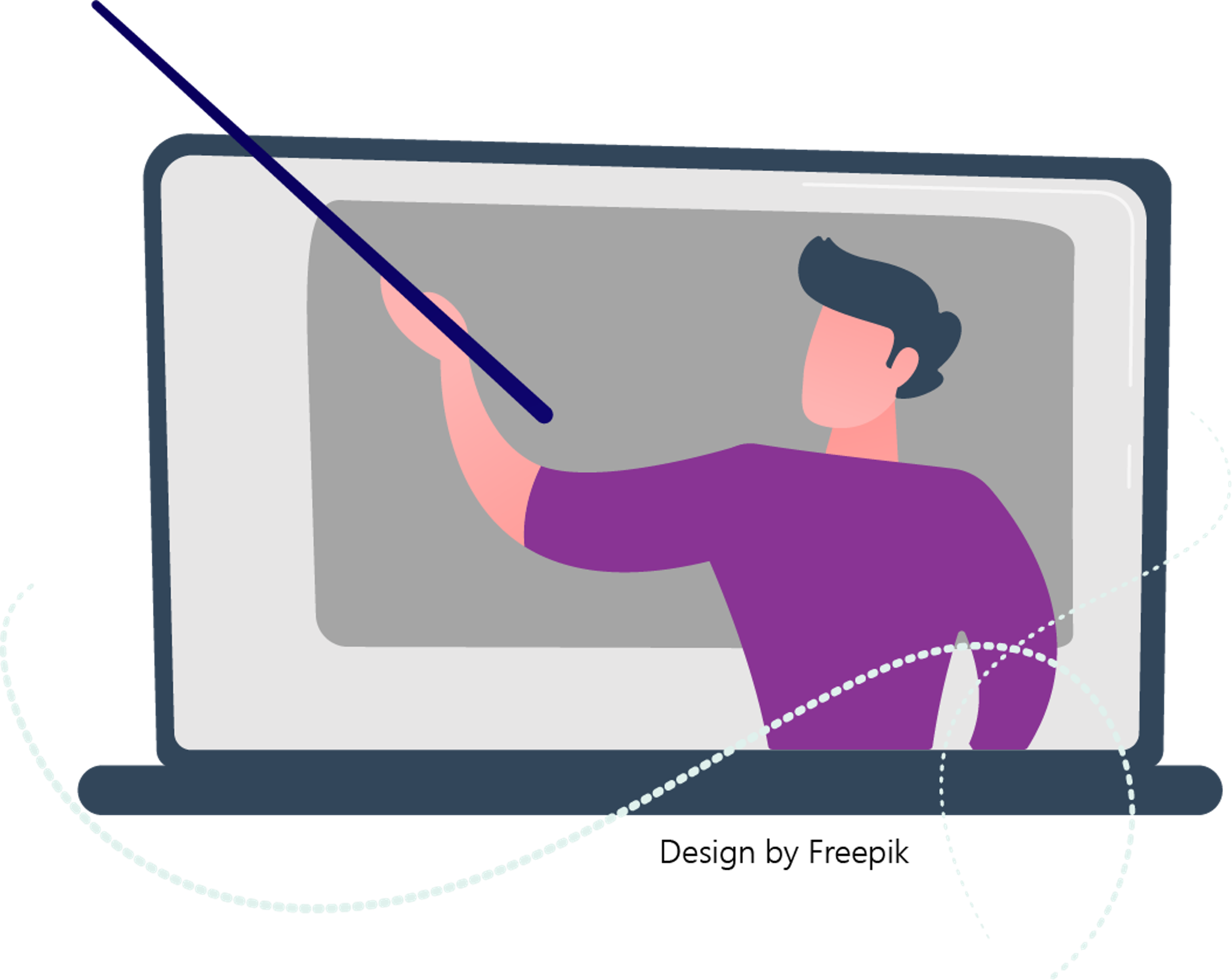 Piirroskuvassa tietokoneen näyttö, josta näkyy karttakeppiä kädessään pitävä henkilö 