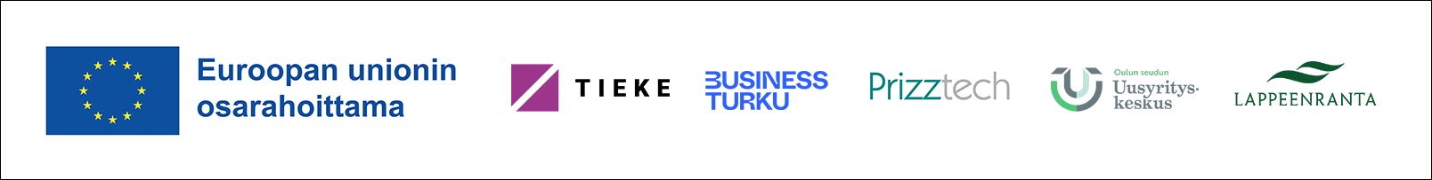 Kuvassa on Digiyritysneuvonta-hankkeen kumppanit. EU-lippu, jonka vieressä lukee Euroopan unionin osarahoittama. Lisäksi kuvassa on TIEKEn, Business Turun, Prizztechin, Oulun seudun Uusyrityskeskuksen ja Lappeenrannan logot. 