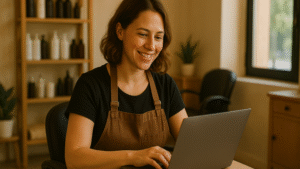 Palvelualan pienyrittäjä, nainen ruskeassa essussa ja mustassa t-paidassa, istuu hymyillen työpisteellään luonnonvalossa ja kirjoittaa kannettavalla tietokoneella. Taustalla näkyy lämminsävyinen sisustus, hyllykkö tuotteineen ja huonekasvi.