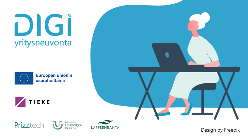 Piirretty hahmo käyttää kannettavaa tietokonetta DIGI yritysneuvonta -grafiikan edessä. Kuvassa EU-osarahoitteinen logo.