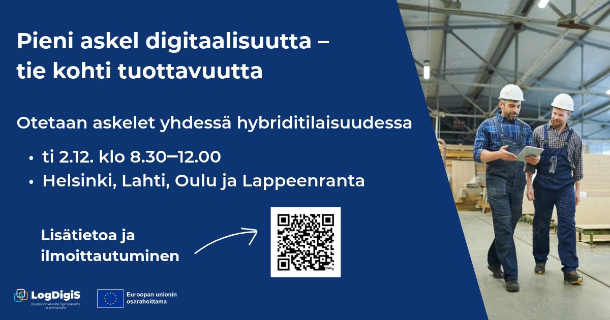 Mainos hybriditilaisuudesta, jossa käsitellään digitalisaation vaikutusta tuottavuuteen; oikealla kaksi työmiestä kypärissä ja tabletti kädessä teollisuusympäristössä.